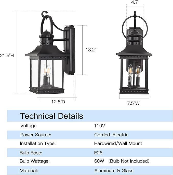 Outdoor Lanterns, 21.5" H Large Exterior Sconce Lights, 2-Light Black Outdoor Wall Light Fixtures with Clear Glass for Porch Patio Farmhouse