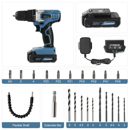 C P CHANTPOWER Cordless Drill Set, 20V Electric Power Drill Driver with Battery and Charger, 10mm Keyless Chuck, Variable Speed, 16 Position and 22pcs Accessoris