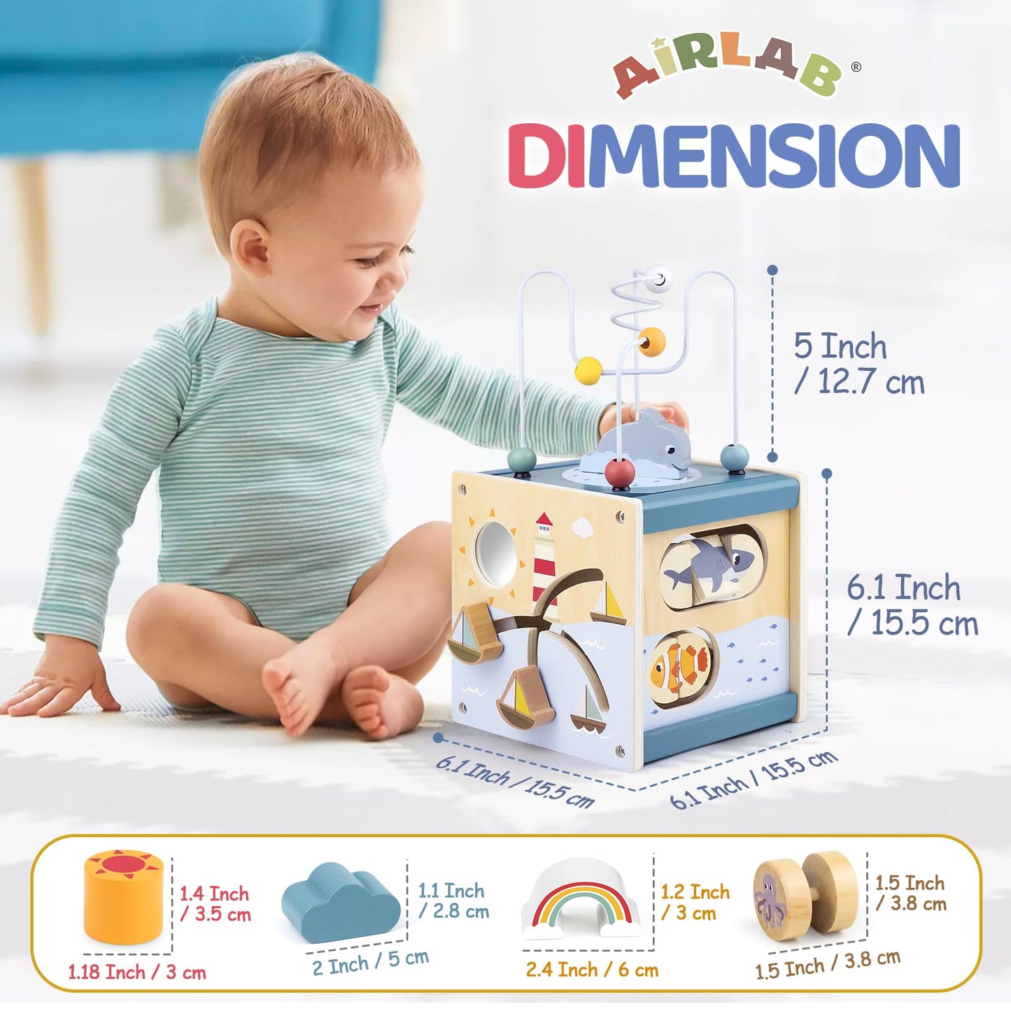 Airlab Wooden Activity Cube Baby Toys for 1 Year Old, 1st Birthday Gifts for Girls and Boys, 12+ Months Montessori Toys with Bead Maze Shape Sorter Educational Sensory Toys for Kids Age 1 2 3