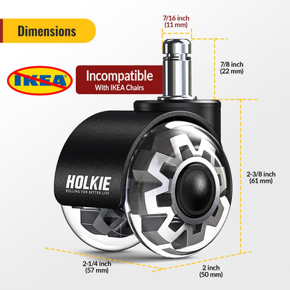 HOLKIE Office Chair Wheels 11x22mm Universal Fit 2 Inch Castors Replacement, Grey Dual Rubber Smooth & Silent Chair Casters Wheels-Set of 5 For Hardwood Carpet Floors Computer Gaming Desk Rollers