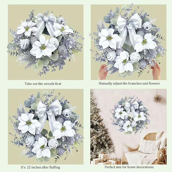 22 inch Christmas Wreath for Front Door, Lifelike Artificial Silver White Christmas Wreath, Green Fake Wreath Used for Wall, Window, Porch, Farmhouse, Indoor and Outdoor Home Decoration
