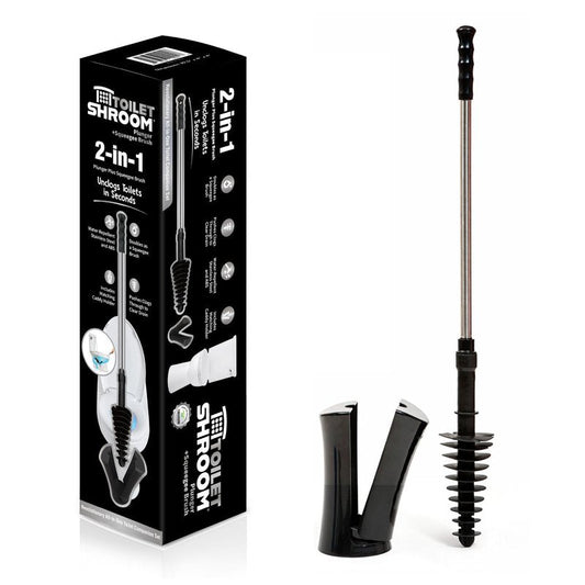 ToiletShroom Revolutionary Plunger, Squeegee, Clog Remover, Drain Cleaner, Bathroom Toilet Dredge Tool, Stainless Steel Handle with Caddy Holder, Оne Расk, Black