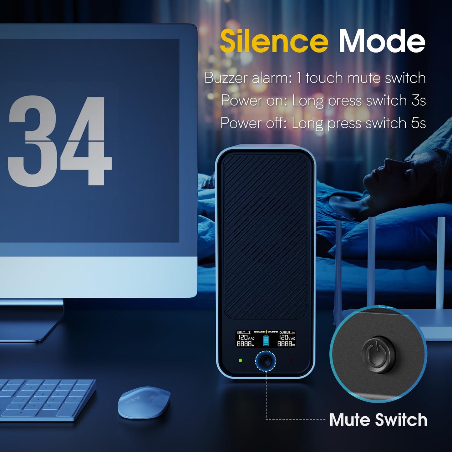 GOLDENMATE 1000VA/800W Lithium UPS Battery Backup & Surge Protector, Backup Battery Power Supply with LiFePO4 Batteries(230.4 Wh), Sinewave UPS System, 10 Years Lifespan, 8 Ports, LCD Display, Gray