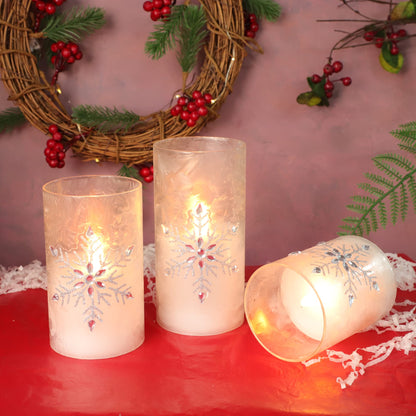 Crystal Club Christmas Flameless Candles, Battery Powered LED Real Wax Candles, Holiday Glass Flickering Candles with Beads and Snowflake Design for Xmas Tree, Home Mantel, Bedroom Decor, Set of 3
