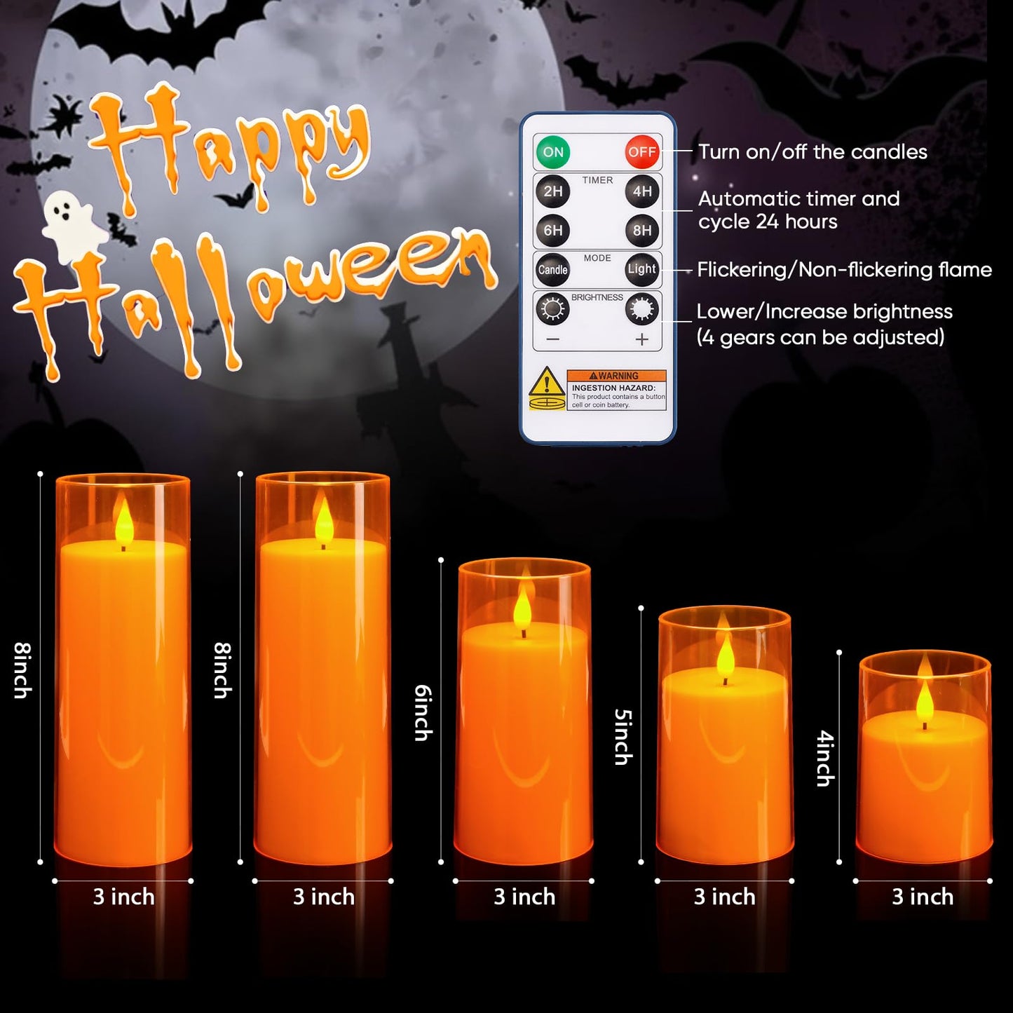 Homemory Halloween Orange Flameless Candles, Battery Operated LED Candles with Remote and Timer, Candles for Halloween Decoration, Fall, Harvest Festival, Set of 5