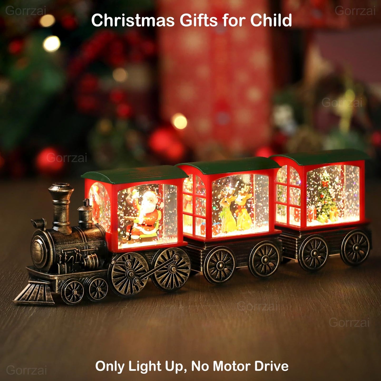 Gorrzai Train Snow Globe Christmas Snow Globe Lantern with Auto 6H Timer and Manual Glitter, Lighted Christmas Decorations Indoor with Santa Claus Reindeer Tree for Home Tabletop, Battery Operated