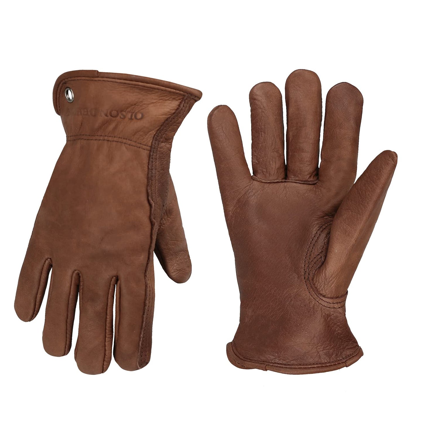 OLSON DEEPAK Cowhide Leather Gloves for Men&Women,Brown Moterbike Leather Gloves,Thorn Proof Garden Work Gloves,Outdoor Camping leather gloves (Large, Retro Brown)