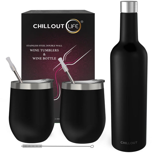 CHILLOUT LIFE Stainless Steel Wine Tumblers 2 Pack 12 oz & 1 Insulated Wine Bottle - Double Wall Vacuum Insulated Wine Cups with Lids and Straws Set - Black