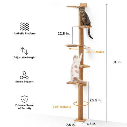 FUKUMARU Tall Cat Tree, 5 Tier Floor to Ceiling Cats Tower, Wall-Mounted Kitten Scratching Post, Wild Simulation Kittens Wall Shelves, Suitable for Climb, Scratch, Lookout and Play