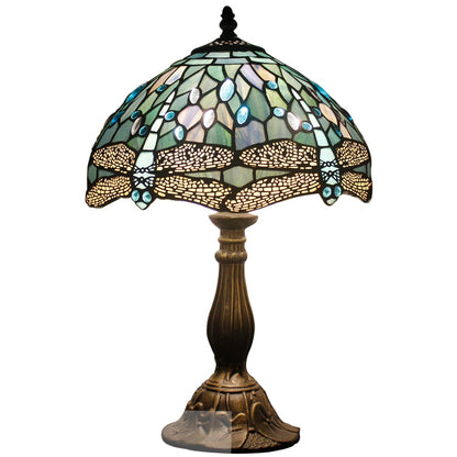 WERFACTORY Tiffany Lamp Sea Blue Stained Glass Table Lamp 12X12X18 Inches Dragonfly Style Desk Reading Light S147 Series