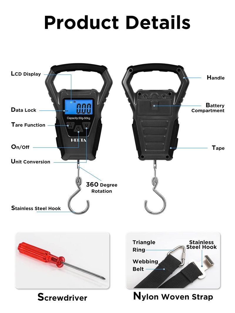 HEETA Waterproof Fish Scale Digital with Backlit LCD Display, 110lb/50kg Portable Hanging Scale Fishing Scale for Home and Outdoor, Measuring Tape and 2 AAA Batteries Included (Black)