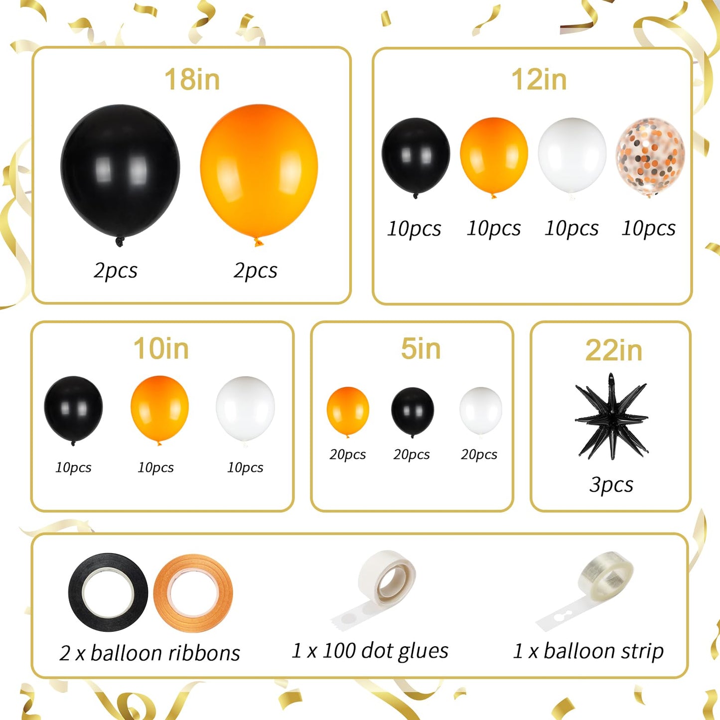 141pcs latex balloons with 3pcs Foil Balloons for Birthday Graduation Disco 2024 Prom Party Decorations… (Orange Black White)