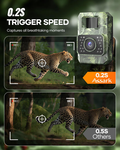 Assark Solar Trail Camera 48MP 30FPS, WiFi Bluetooth Game Camera with Motion Activated 0.2s Trigger, Night Vision Motion Activated IP66 Waterproof for Wildlife Scouting with 32GB Micro SD Card