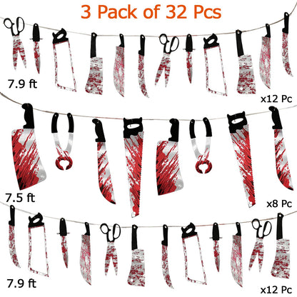 32PCS Bloody Garland Banner Props - Halloween Decorations & Zombie Vampire Party Supplies for Haunted House, Bar, Office, Home, Indoor/Outdoor Yard Decor & Weapons