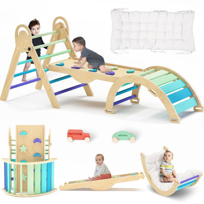 ElegantCrafts Pikler Triangle Set with Cushion, Montessori Climbing Set, Indoor Climbing Toys, Indoor Playground Jungle Gyms, 9 Combinations Climbing Toy Set for Toddler, Baby, Kids 1-4