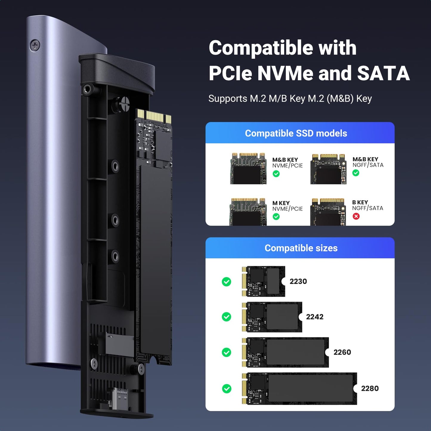 UGREEN M.2 NVMe & SATA Enclosure, USB 3.2 Gen 2 SSD Enclosure, 10Gbps NVMe External Caddy, Aluminum PCIe Adapter for M and M&B Key in 2230/2242/2260/2280 SSDs