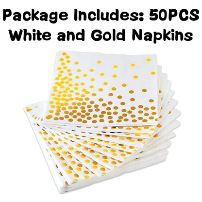 CEILIWEN 50PCS White & Gold Polka Dot Party Napkins, 33x33CM White with Gold Cocktail & Dinner Serviettes
