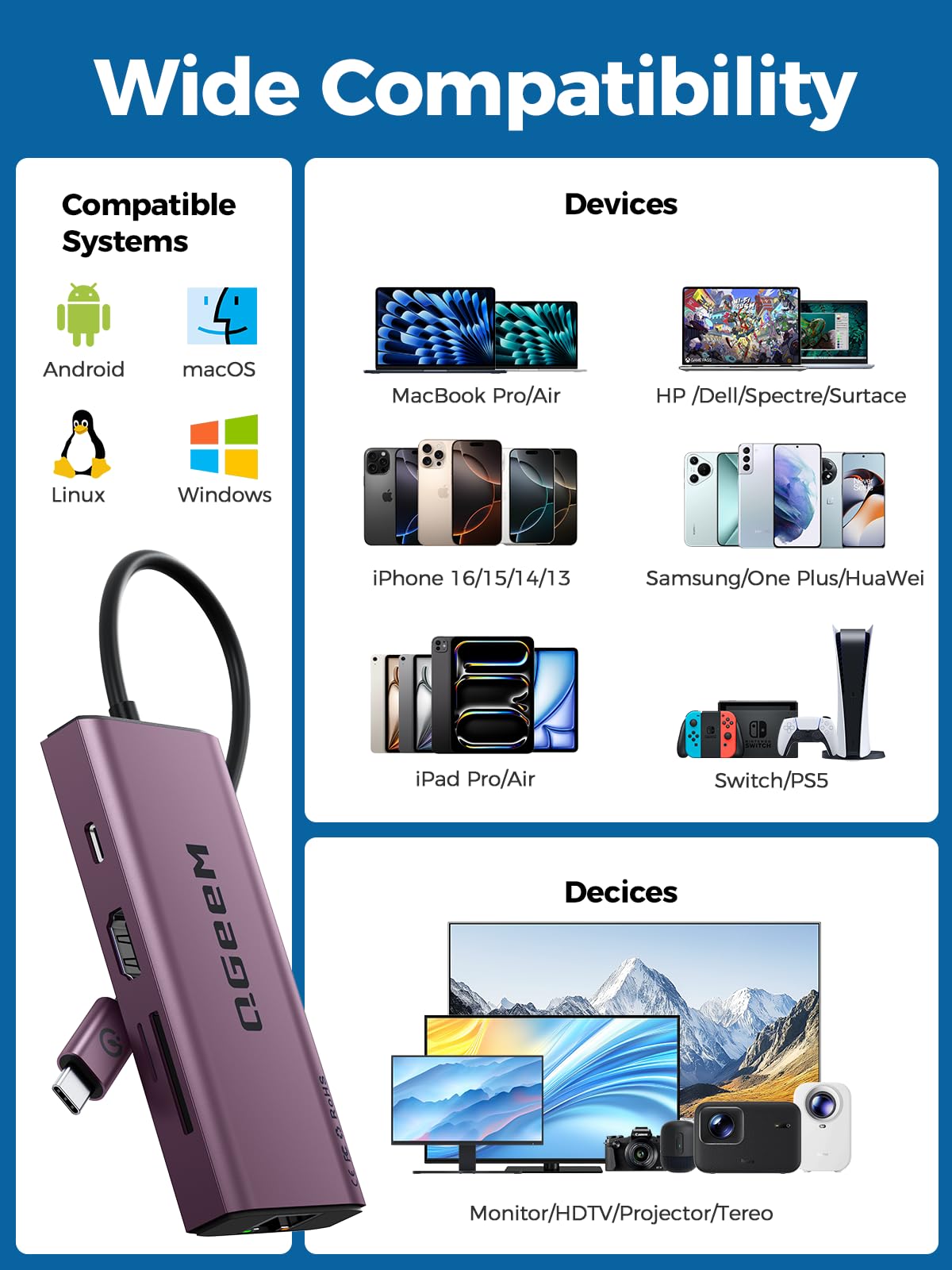 QGeeM USB C Hub Ethernet,9 in 1 USB Type C Hub HDMI Multi-Port Converter Adapter,100W Pd, USB 3.0,SD/TF Card Reader,Compatible for MacBook Pro Air Ipad HP Dell Lenovo Chromebook etc.