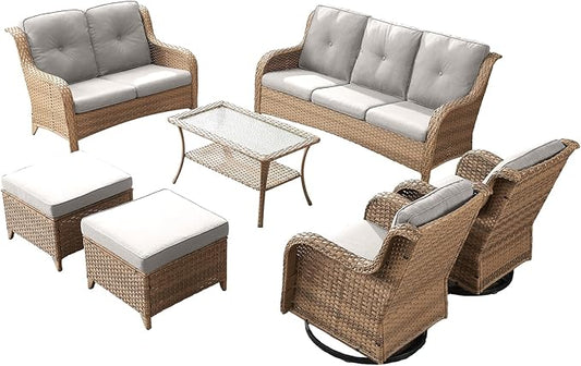 Rilyson Patio Furniture Swivel Chairs Set - 7 PC Wicker Rattan Outdoor Sectional Conversation Sets with 2 Rocking Chair,2 Ottoman,1 Sofa,1 Loveseat and 1 Coffee Table for Porch Deck(Yellow/Beige)