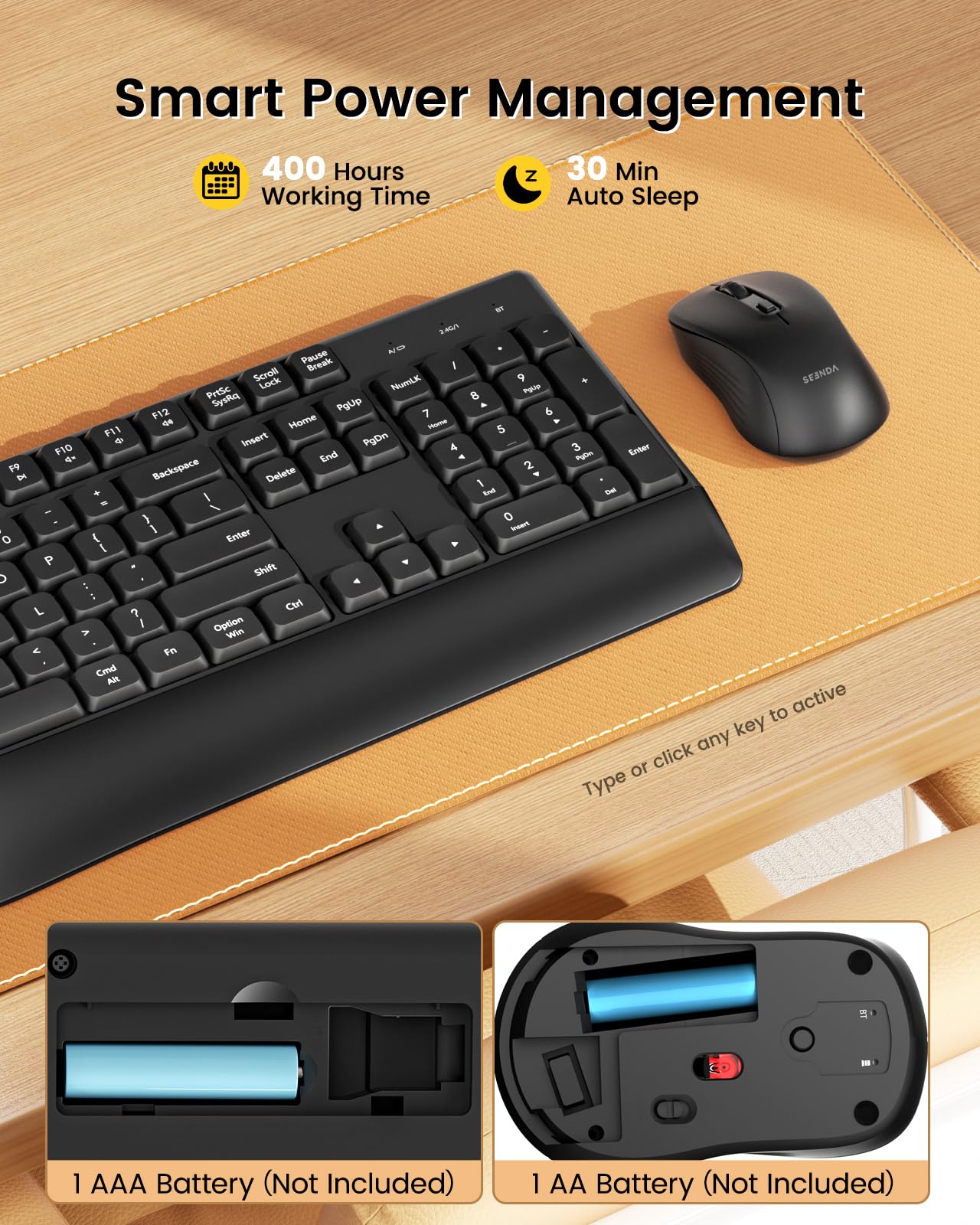 seenda Bluetooth Keyboard and Mouse, COE200 USB + Bluetooth Multi Device, Ergonomic Keyboard Mouse Set, Full-Size Wireless Combo Compatible for Mac OS/Windows PCs Computers Laptops MacBooks - Black