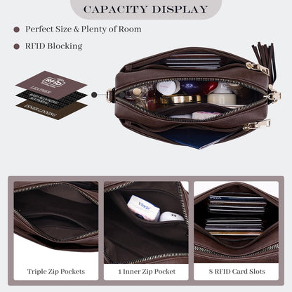 Roulens Triple Zip Small Crossbody Bag for women,Wide Strap Cell Phone Purse Shoulder Handbag Wallet with Credit Card Slots