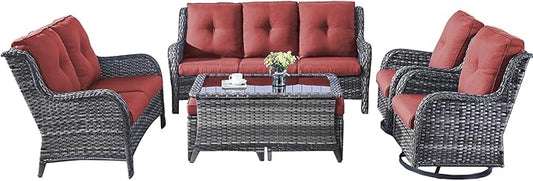 Rilyson Wicker Patio Furniture Set - 7 Piece Rattan Outdoor Sectional Conversation Sets with 2 Rocking Swivel Chairs,2 Ottomans,1 Sofa,1 Loveseat and 1 Coffee Table for Porch Deck(Mixed Grey/Red)