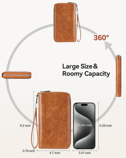 BOSTANTEN Leather Wallet for Women RFID Blocking Zip Around Credit Cards Holder Phone Clutch Brown