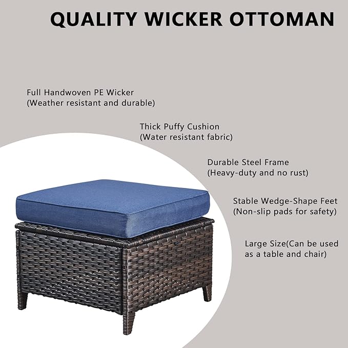 Rilyson Wicker Patio Furniture Set - 7 Piece Rattan Outdoor Sectional Conversation Sets with 4 Swivel Rocking Chairs,2 Ottomans and 1 Sofa for Porch Deck Garden(Brown/Blue)