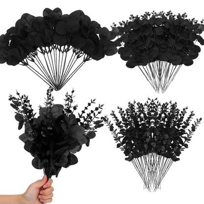Giegxin 90 Pcs 3 Kinds Mixed Eucalyptus Leaves Stems Bulk Artificial Silver Dollar Leaves Picks Dried Eucalyptus Bundle Faux Spray for Wedding Vase Bouquet Floral Arrangement (Black)
