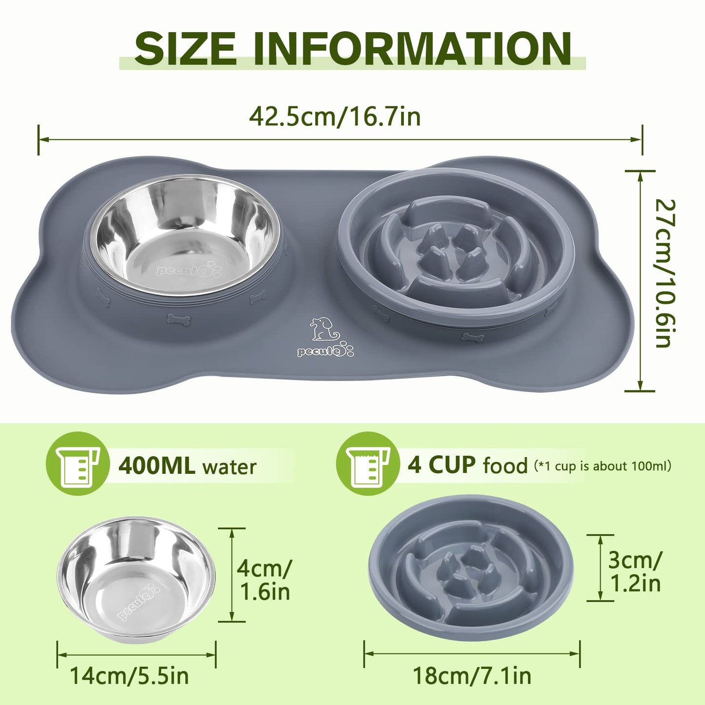 pecute Dog Bowls to Slow Down Eating, Slow Feeder Dog Bowl, Dog Slow Feeder Bowl Food-Grade Safe with Non-Slip Non-Spill Silicone Mat, Stainless Steel Slow Feeder Cat Bowl Interactive Fun for Dog Cat
