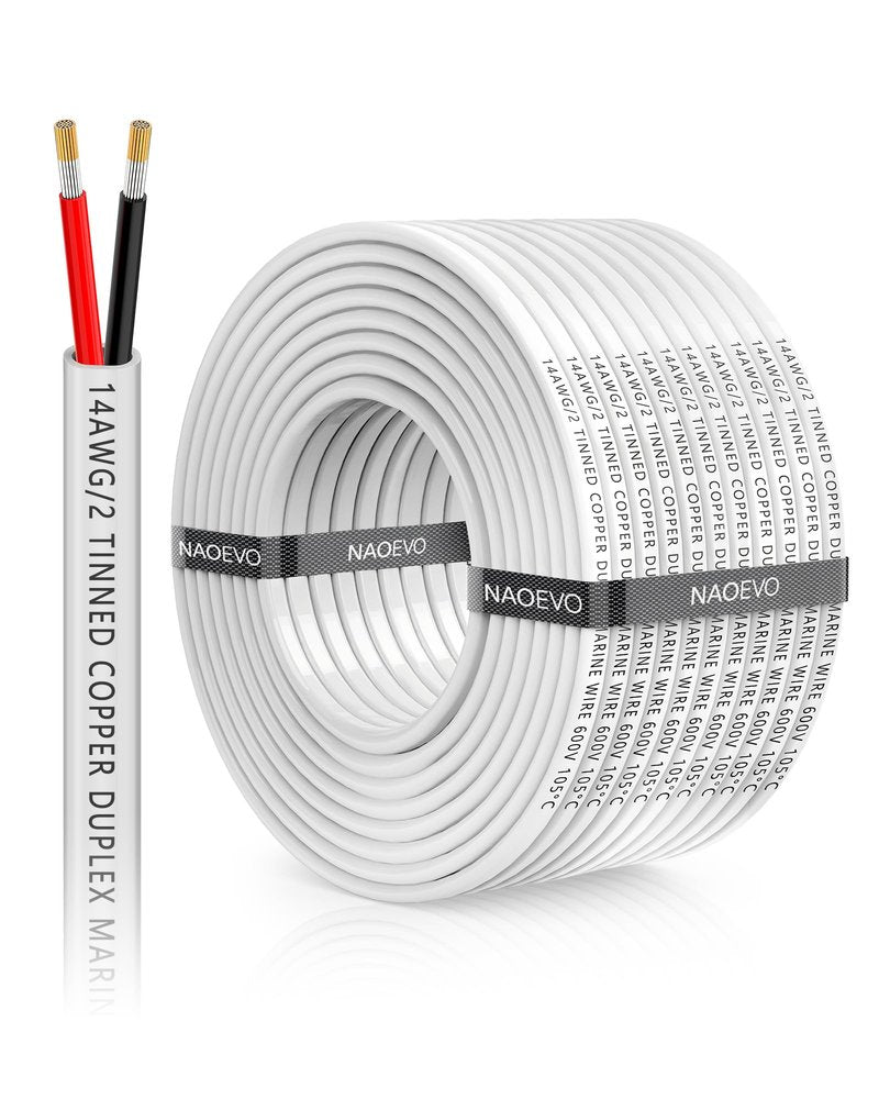 NAOEVO 14 Gauge Marine Wire Duplex, 14 AWG Stranded PVC Marine Electrical Wire, Waterproof/Corrosion Resistant/Tinned Copper Electrical Cable for Boat/Automotive/RV/Solar (60FT)