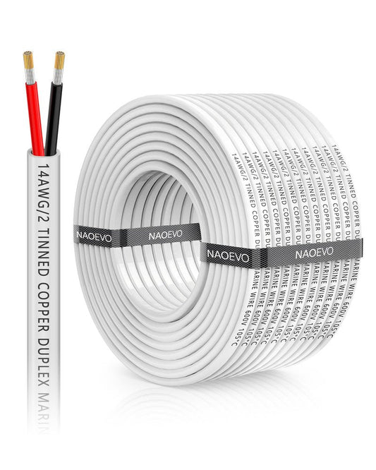 NAOEVO 14 Gauge Marine Wire Duplex, 14 AWG Stranded PVC Marine Electrical Wire, Waterproof/Corrosion Resistant/Tinned Copper Electrical Cable for Boat/Automotive/RV/Solar (60FT)