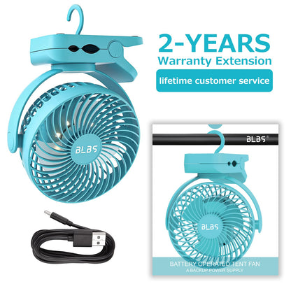 BLBS Clip on Fan 65Hrs Camping Fan with LED Light, 12000mAh Battery Operated Fans & PortableFan Rechargeable, Small Desk Fans USB TravelFan for Tent Camping Golf Stroller, Blue