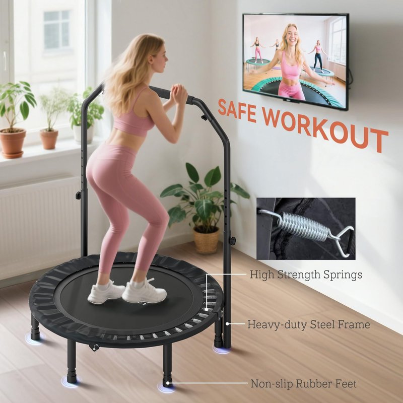 Soozier 40" Foldable Mini Trampoline, Rebounder Trampoline for Adults with Adjustable Foam Handle and Resistance Bands, Fitness Rebounder for Indoor Outdoor Workout, Max Load 330 lbs, Black