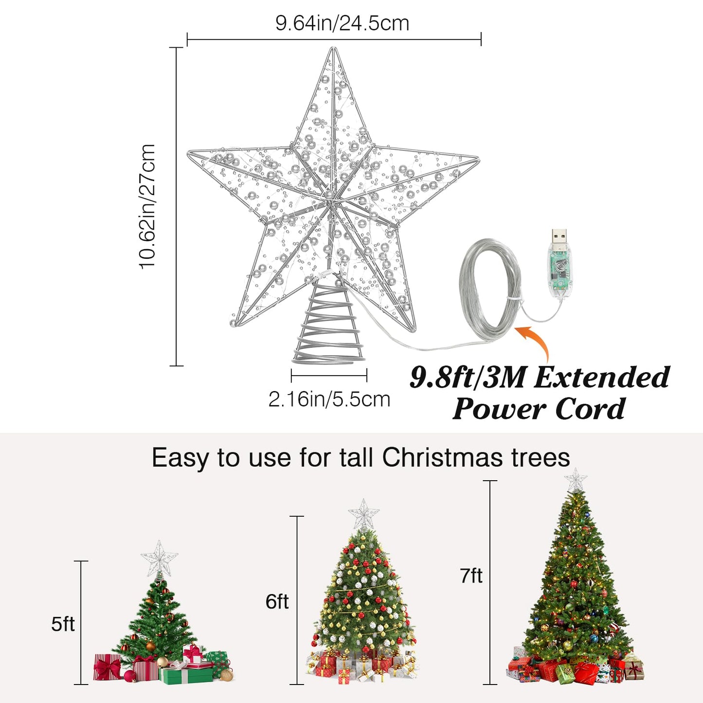 Lewondr Christmas Star Tree Topper, USB Powered Remote Controlled 11 Inch Christmas Tree Topper Beaded Star Light, 6H Timer Christmas Tree Star Topper for Xmas Tree Home Holiday Party Decor, Silver