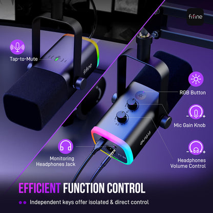 FIFINE XLR/USB Gaming Microphone Set, Dynamic PC Mic for Streaming Podcasting, Computer RGB Mic Kit with Boom Arm Stand, Mute Button, Headphones Jack, for Recording Vocal Voice-Over-AmpliGame AM8T