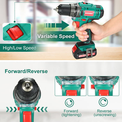 HYCHIKA Cordless Drill Driver 12V, Electric Screwdriver 30N·m, 21+1 Torque Electric Drill, 2-Variable Speed LED Work Light, 1500mAh Li-Ion Battery 25Pcs Accessories for Home and Garden DIY Project