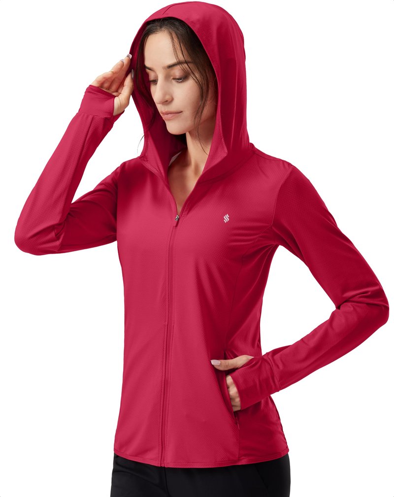 Soothfeel Women's UPF 50+ Sun Protection Hoodie Jacket Lightweight Long Sleeve Sun Shirt for Women with Pocket Hiking Outdoor(Red, M)