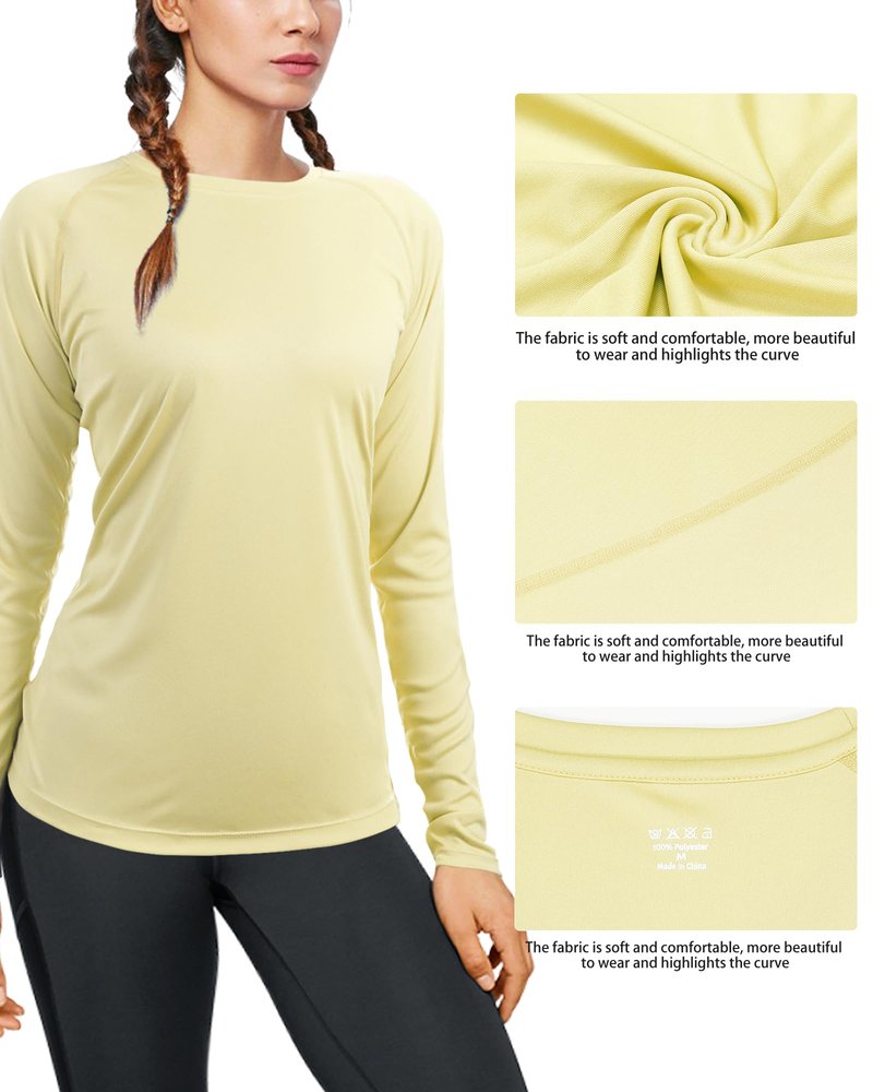 isnowood Women's Sun Protection Long Sleeve Shirts, UPF 50+ UV Rash Guard Swim Shirt, Workout Hiking Running Athletic Tops Bright Yellow