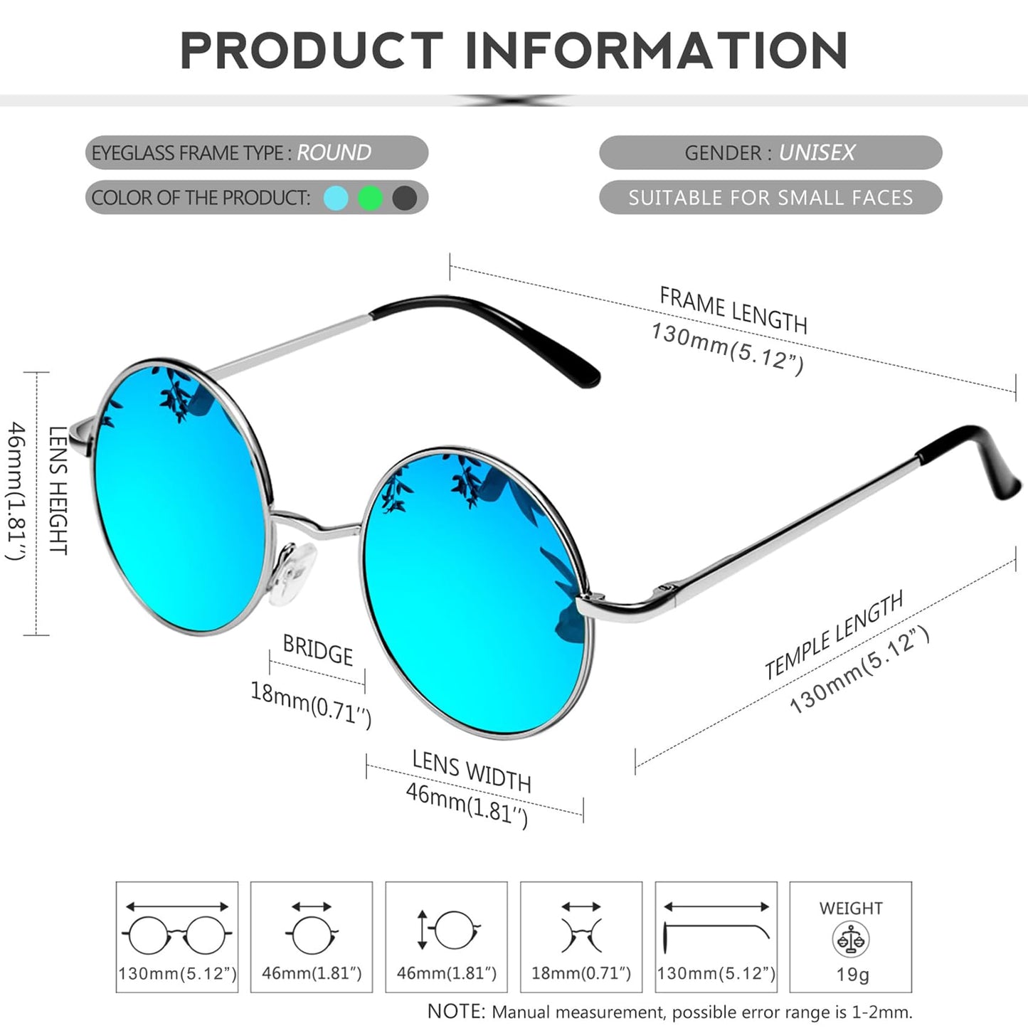 KANASTAL Mirror Round Sunglasses Mens Blue Polarised Hippie Style Vintage Circle Womens Mirrored UV Small - Black Frame Black Lens + Metal Frame Blue Lens
