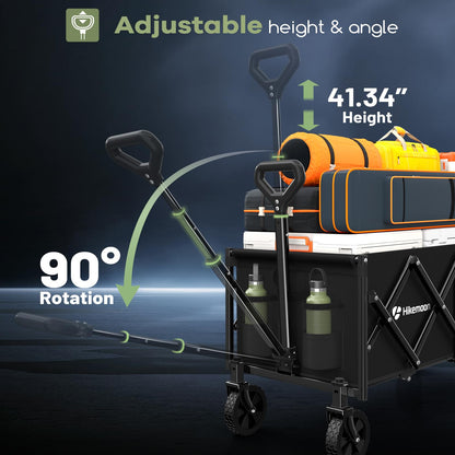 Hikemoon 34'' Extra Long Collapsible Wagons Carts Foldable, 360LBS Heavy Duty Folding Beach Wagon Cart with Wheels, Portable Utility Outdoor Wagon for Grocery, Shopping, Garden, Sports, Camping, Black