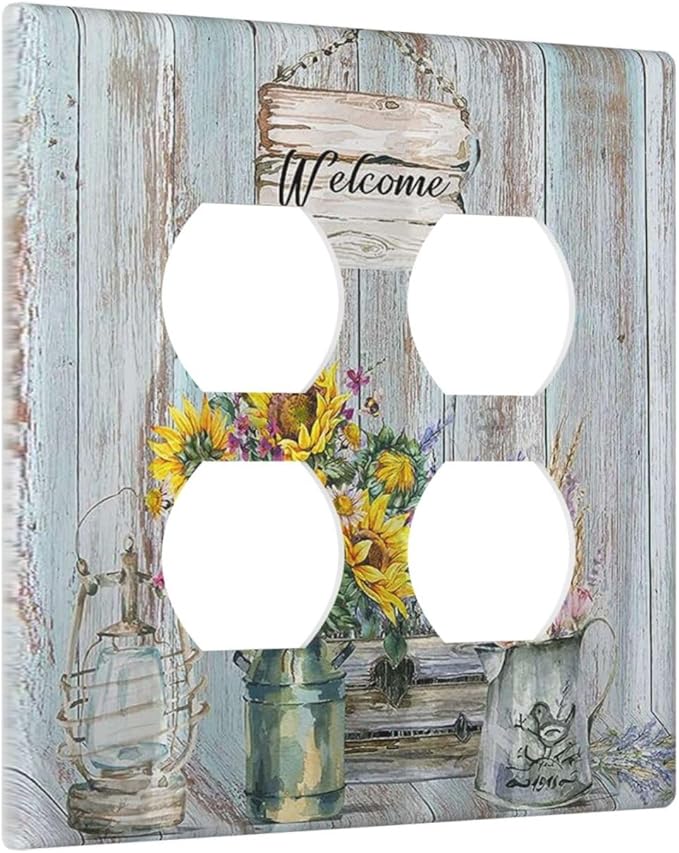 Decorative Light Switch Cover Plate Country Flower Vintage Wood Board Sunflower Butterfly 2 Gang Socket Covers Double Duplex Wallplates Switch Plates and Outlet Covers for Bathroom Home Decor