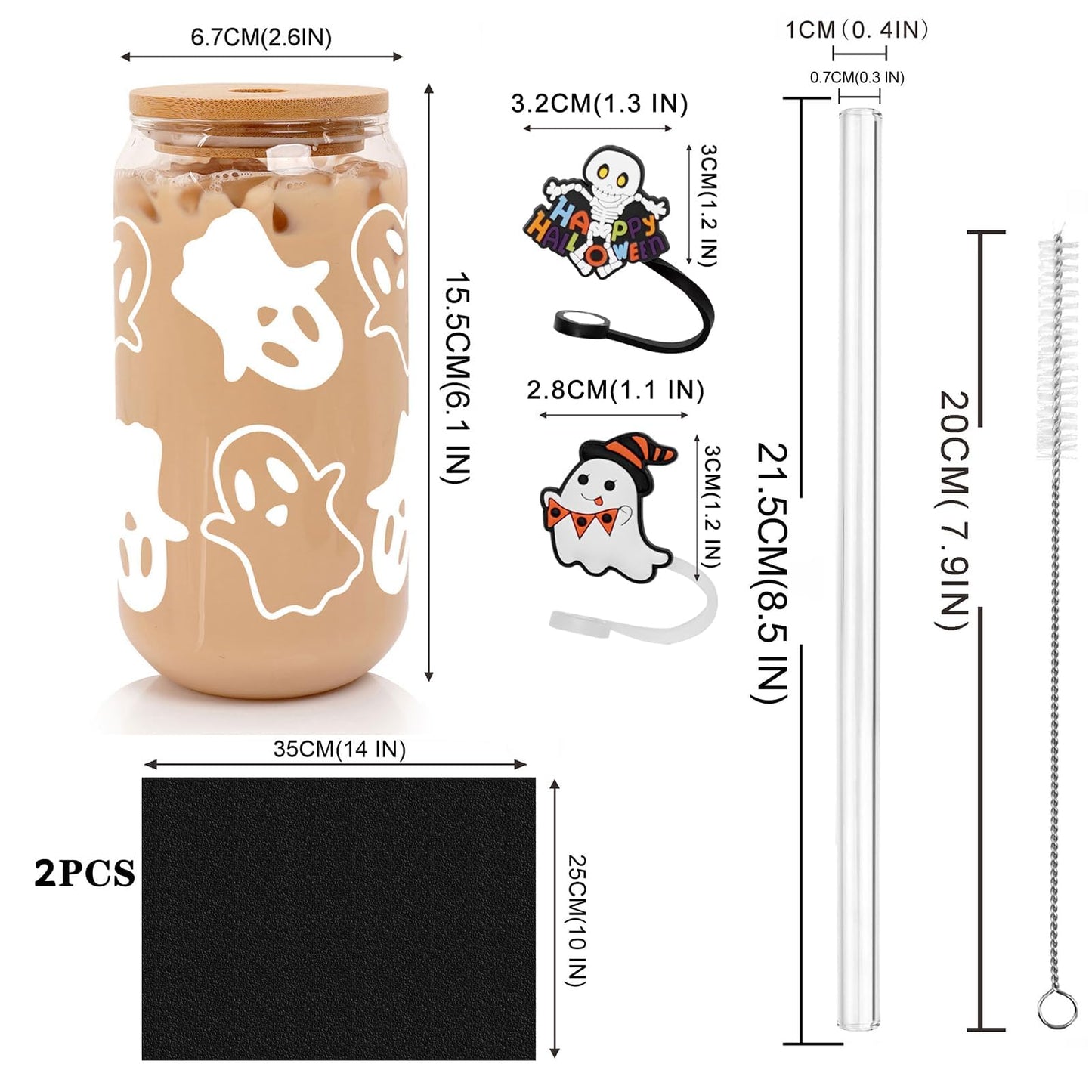 ANOTION Halloween Mugs - 18oz Halloween Ghost Decorations Glass Cups Tumbler for Iced Coffee, Glassware Cookie Jar Decor Gift Drinking Water Bottles