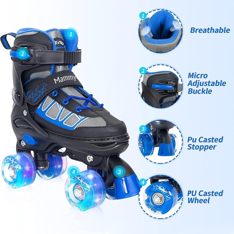 MammyGol Roller Skates for Kids - Adjustable Quad Skates with Light-Up Wheels | Ages 6-12, Perfect for Beginners