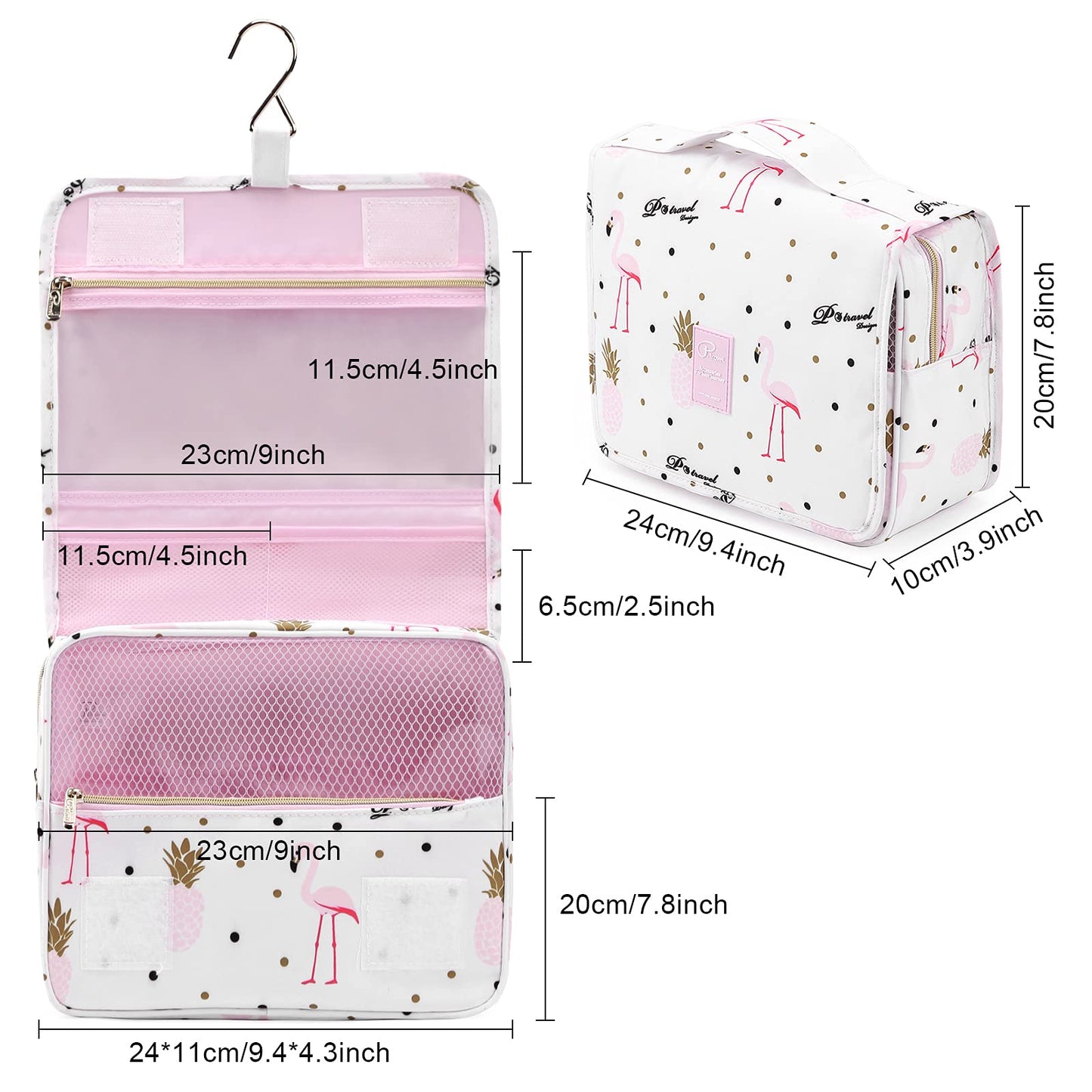 Hanging Travel Toiletry Bag for Women & Girls, Lychii Cosmetics Makeup Bag Organiser for Travel Size Accessories - Flamingo Printed