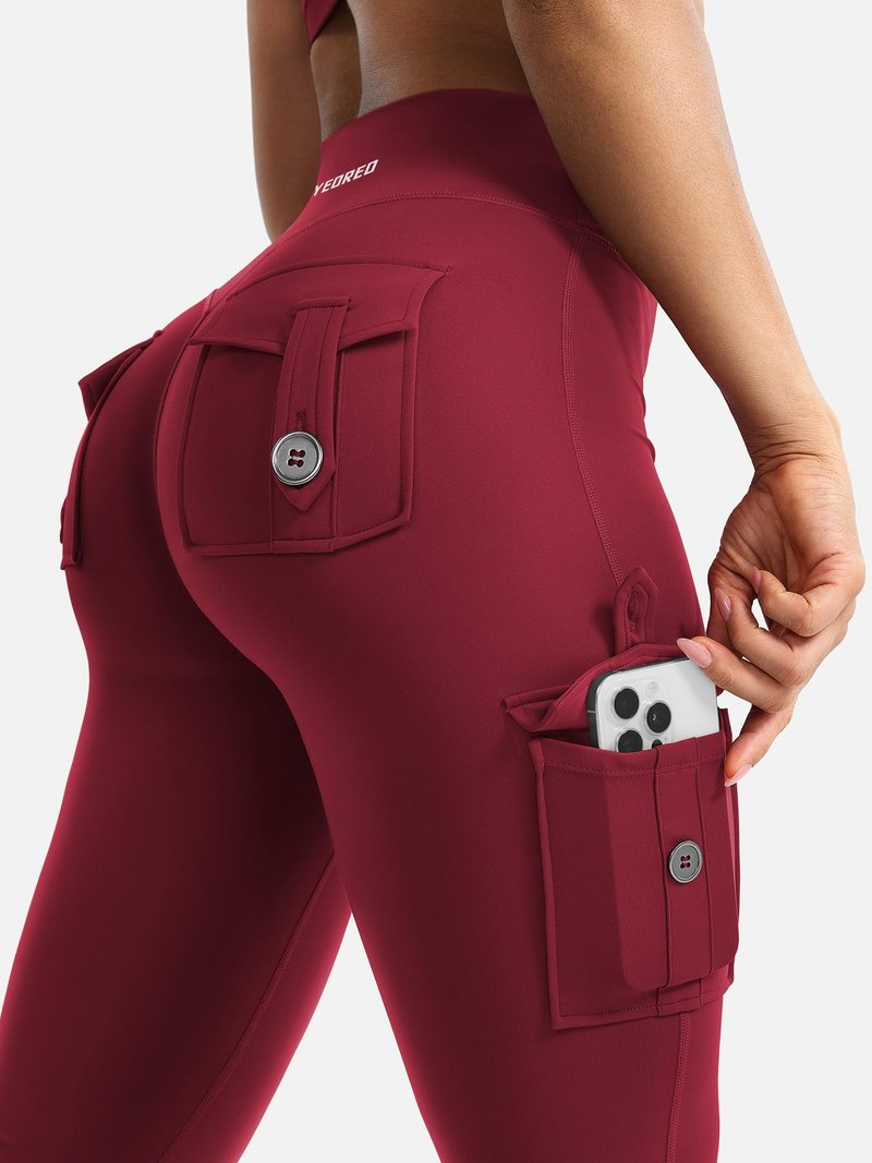 YEOREO CoreFlex Women Workout Flare Leggings with Pockets Hidden Scrunch High Waisted Cargo Gym Yoga No Front Seam Leggings (Wine, Medium, 30" Inseam)