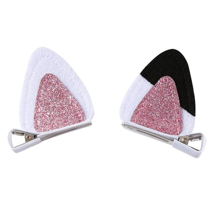 Cat Ears Hair Clips for Girls Cute Glitter Accessories Toddlers Pins Halloween Costume Party Supplies White & Pink 2 Count (Pack of 1)