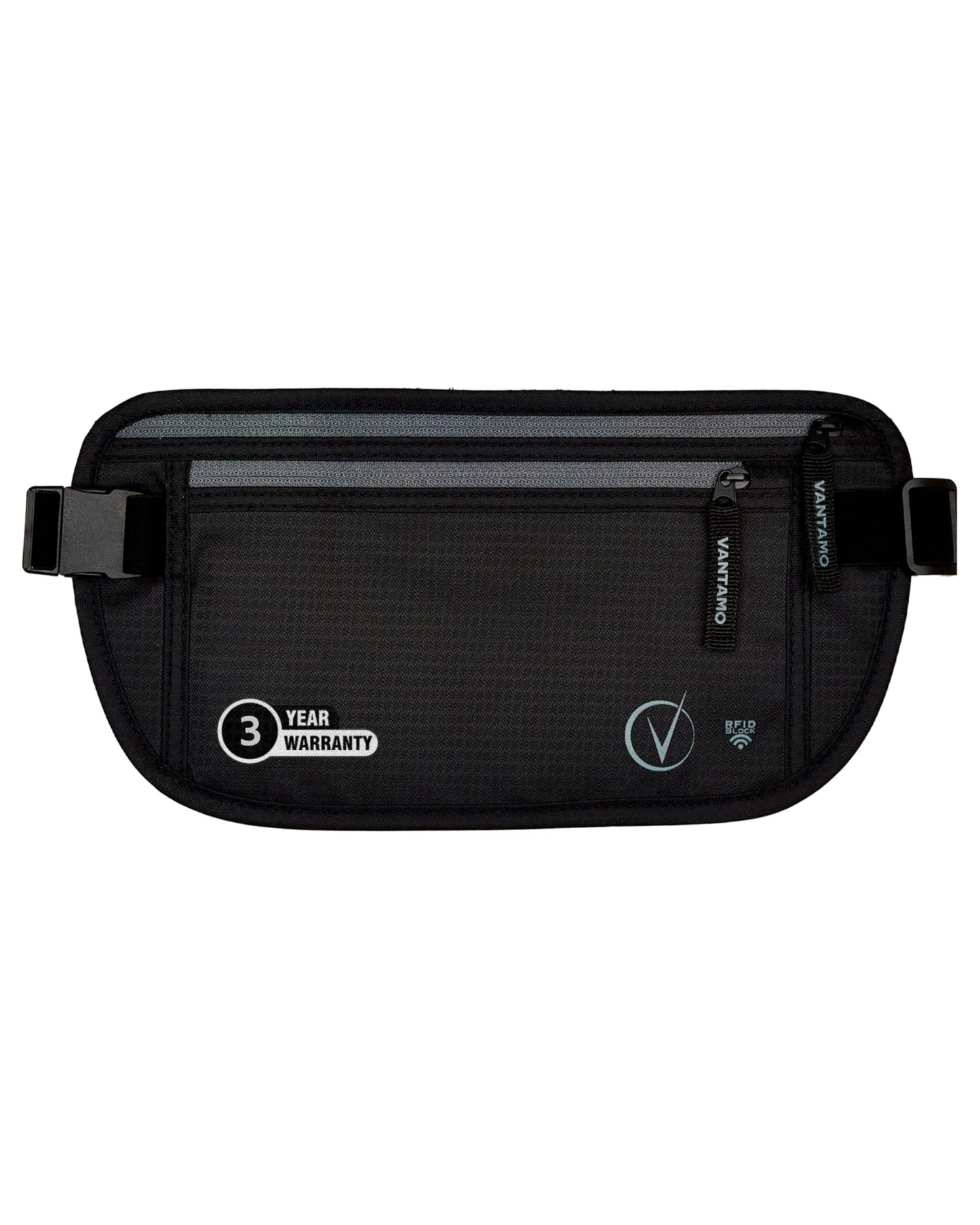 Vantamo Hidden Money Belt For Extra Safety, RFID Protected Ultra-Thin Fanny Pack, 2 Compartment Money Bag Fits Passport & Phone to Protect Valuables, Black Fanny Pack for Traveling & Hiking
