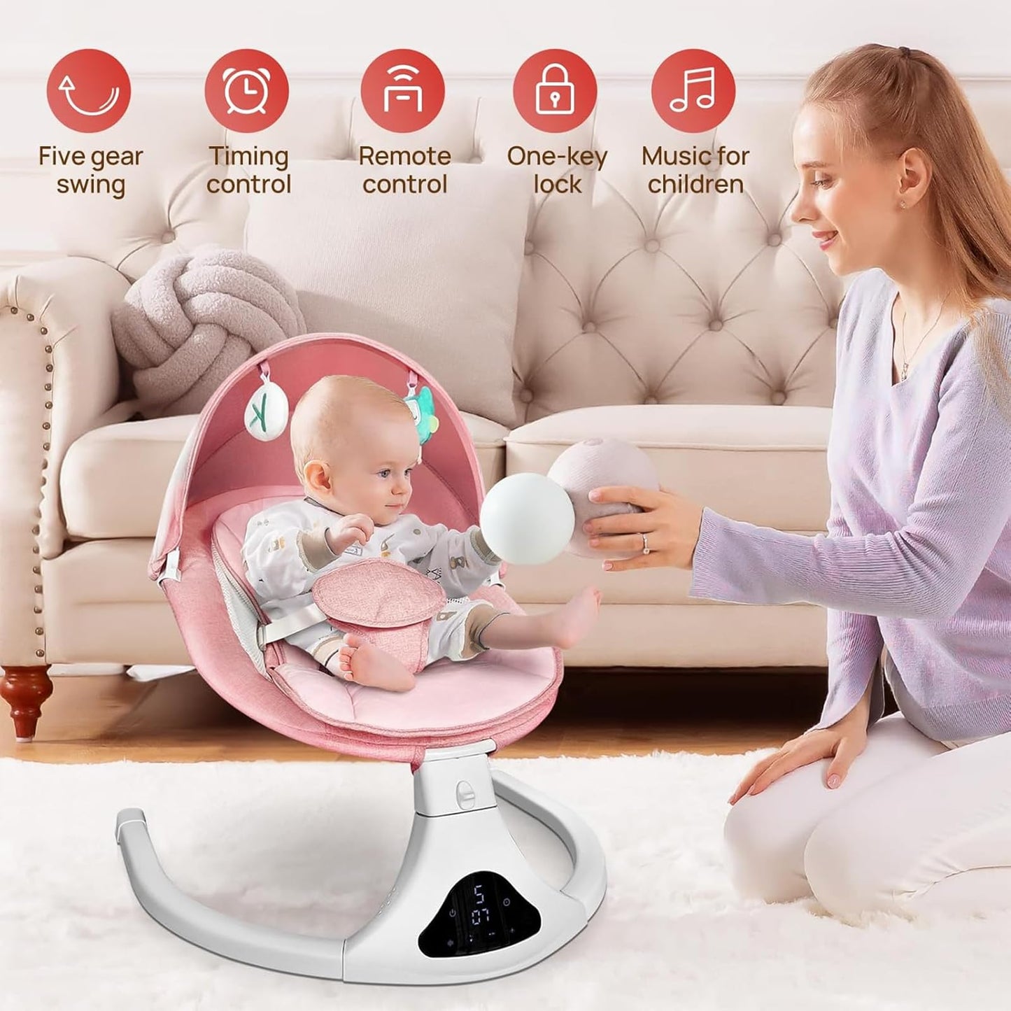 Electric Baby Swing for Infants to Toddler| Portable Infant Swing with Remote Control, Swing with 5 Speeds, 3-Point Harness for Baby Boy Girl (Pink)