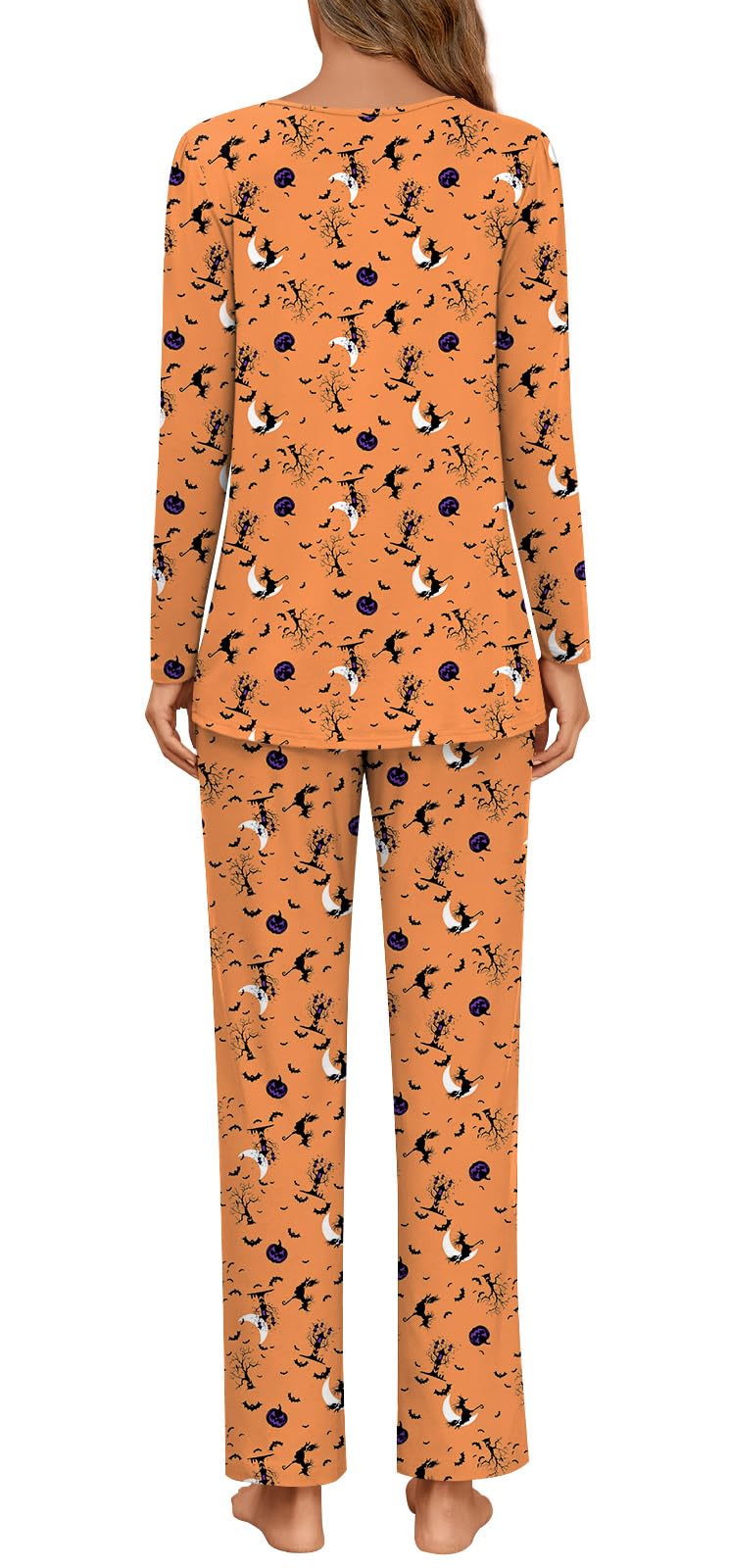 Anymeet Soft Fall Long Pajama Set Sleeve Two Piece for Women Fit Lounge Sleepwear Ladies Pjs Sets Yellow Halloween Elements Plus Size 3X-Large